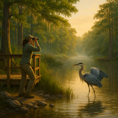 Bird watcher observing heron along the Lumber River shoreline
